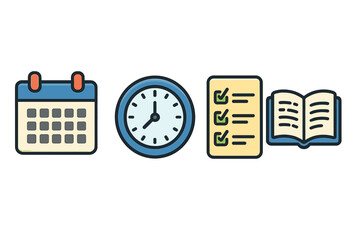 Time management concept with calendar, clock, checklist, and book icons. Vector symbols for schedule, planning, organization, daily tasks, productivity, and deadline.