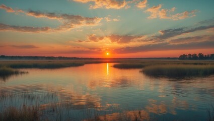 Fototapeta premium Stunning sunset over a tranquil lake bordered by wetland ecosystems