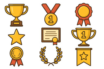 Set of award icons. Golden trophy cup, medal, certificate, star, and laurel wreath. Winner prize symbols. First place champion achievement vector illustration set.