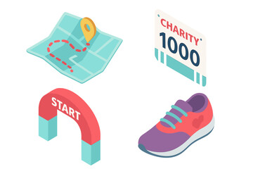 Charity Walkathon Icons Isometric Vector Set of 4 Including Walking Route Map, Participant Bib Number, Starting Arch, and Running Shoe Illustration for Fundraising Event