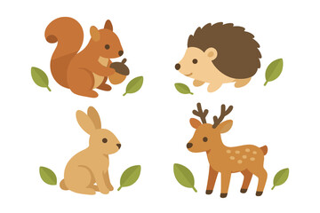 Naklejka premium Isometric flat vector icon set of woodland animal creatures among leaves, including squirrel with acorn, hedgehog, rabbit, and deer, illustrated on transparent background