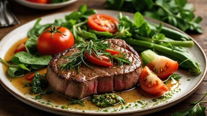 Tender steak served alongside colorful fresh veggies
