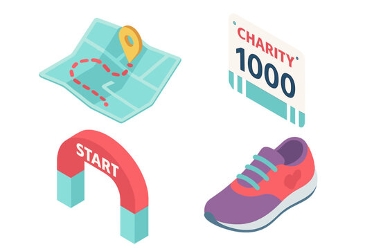 Charity Walkathon Icons Isometric Vector Set of 4 Including Walking Route Map, Participant Bib Number, Starting Arch, and Running Shoe Illustration for Fundraising Event