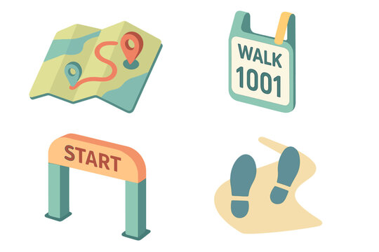 Isometric Charity Walkathon Icons Set of 4, Walking Route Map with Location Markers, Participant Bib with Number 1001, Starting Line Arch, Footprints Trail, Vector Illustration Transparent Background - Powered by Adobe