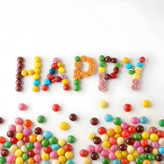 Word HAPPY Spelled with Assorted Candies on White Background