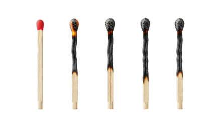Five wooden matchsticks in linear sequence, showing stages of combustion from pristine to fully carbonized, on a seamless transparent studio background with diffused light and no shadows. Concept of