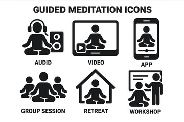 Guided meditation solid icon set. Vector glyph pictograms of mindfulness formats like audio, video, app, group session, retreat, and workshop for wellness and yoga.