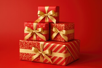 Obraz premium Stacked luxurious red gift boxes against a red background