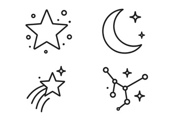 Naklejka premium Celestial icon set with star, crescent moon, shooting star, and constellation. Outline vector illustration for astrology, astronomy, and starry night sky concepts.