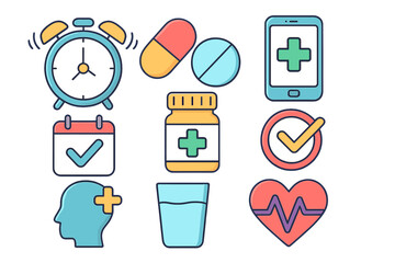 Medication reminder and health management icon set. Vector icons for medical app, treatment schedule, pill intake time, and healthcare routine. Pharmacy, drug, and health tracking symbols.