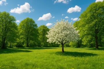 Fototapeta premium Blooming season featuring fresh spring breezes and green trees