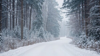 A snowy trail surrounded by dense forest in winter