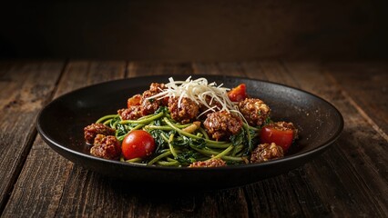 Savory spinach pasta tossed with meat, tomatoes, and cheese against a dark rustic background