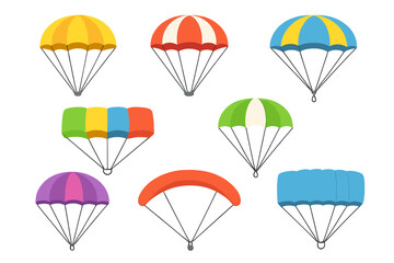Colorful parachute designs with various styles and shapes in an organized arrangement, vector cartoon illustration set on transparent background, ordered collection for outdoor and adventure themes