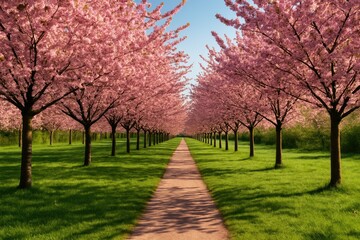 Naklejka premium Cherry Blossom Alley called Wall Trail, a scenic route tracing the remnants of the Berlin Wall with bright sunlight casting shadows