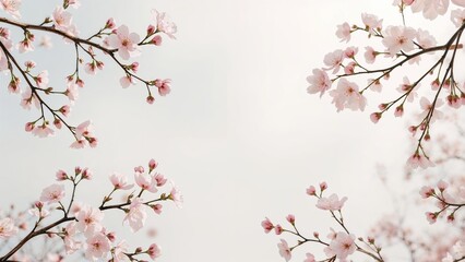Obraz premium Spring-themed banner showcasing blossom-laden cherry branches on a muted background, floral and enchanting romantic image, landscape format with space for content.