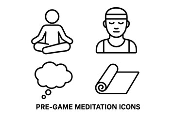 Athlete pre-game meditation vector icon set. Sports mindfulness and mental focus concept. Man in lotus pose, thought bubble, yoga mat linear pictograms. Calm and relax.