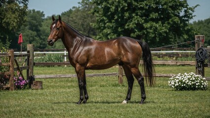 Fototapeta premium Athlete horse performing in the competition field. Detailed view of horseback riding.