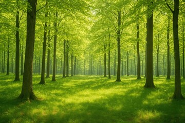 Seasonal Nature View Featuring Fresh Green Foliage and Bright Spring Sunlight in a Forest