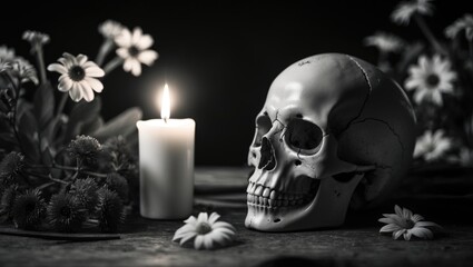 Black and white still life of a skull lit by candlelight against a dark backdrop