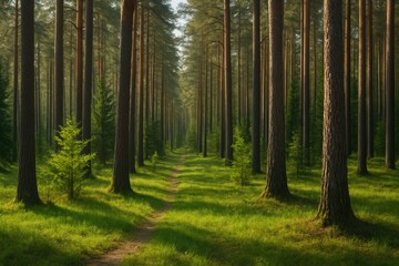 Fototapeta premium A pine forest during spring with vibrant natural scenery near Pruzhany, Brest region.