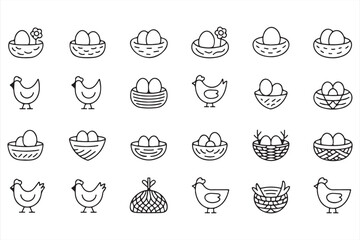 Set of line icons for chickens, eggs, and nests, perfect for farm and Easter graphics