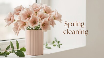 Refreshing the season: lovely eustoma blooms in a rosy container on a window ledge