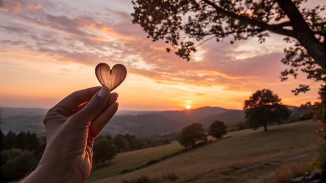Hand Holding Heart Shaped Seed at Sunset.