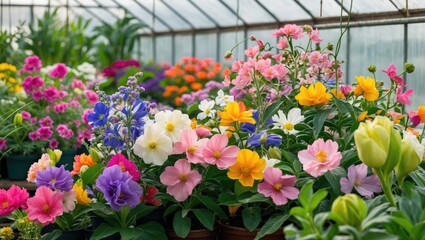 Several flowers flourishing within a botanical conservatory