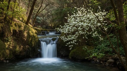 Obraz premium Mini waterfall images setting, liquid, adventure, natural world, trees, spring season, panorama, forest area, white, charm