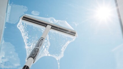 Squeegee wiping soapy glass, representing thorough seasonal cleaning, clear sky with blank space for message
