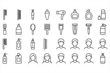 Hair care and beauty icons with combs, dryers, and shampoo bottles, perfect for salon graphics