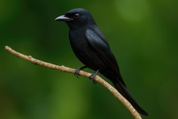 Obraz premium A tiny black passerine bird from the Dicruridae family, frequently seen in tropical southern Asia, spanning from southwest Iran to India.