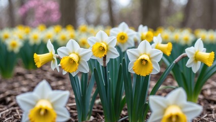 Obraz premium Freshly emerged daffodils in a springtime garden scene with ample space for text