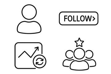 Social trading icons set, outline vector illustrations of user avatar, follower button, trade copy graph, and leader group with star, finance and strategy symbols