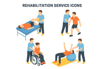 Rehabilitation services isometric icon set. Physiotherapy and physical therapy concept. Doctor helps patient with injury recovery, exercise, walking, disability.