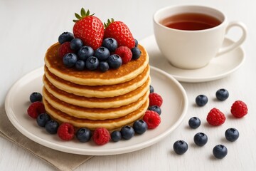 Pancake tower garnished with berries alongside a black tea cup