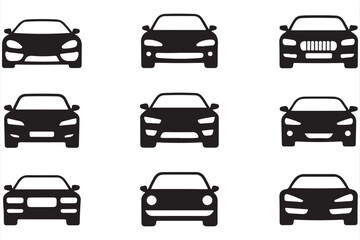 Set of black and white vector car icons showing different front views of various vehicles