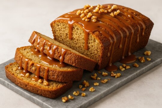 Freshly sliced banana bread with homemade caramel glaze on a marble slab