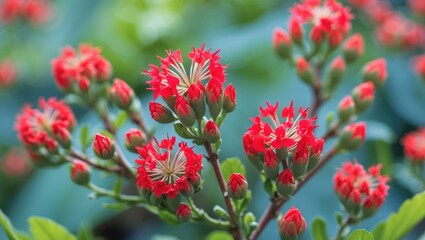 Colorful garden scene showcasing bright red flower buds and intricate botanical details with a rustic background