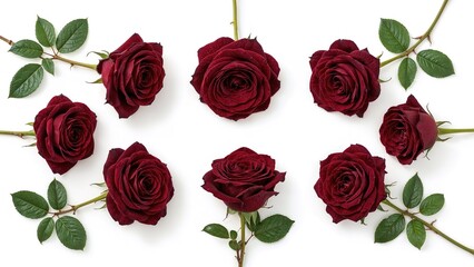Six deep crimson roses on a white backdrop with clipping path.