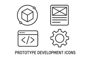 Prototype development and MVP linear icon set. UI UX design, wireframe layout, 3D model, and coding symbols. App and web development process vector illustration.
