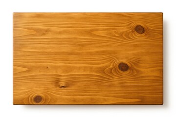 Top-down perspective of a manually crafted wooden table with a golden hue, showcasing natural knots and grain, isolated on a white surface.