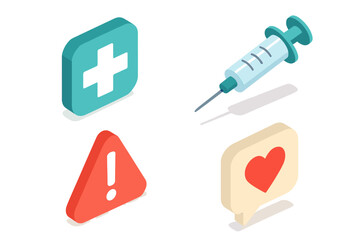 Public health isometric icon set. Medical cross symbol, syringe for vaccination or injection, alert sign, and heart reaction. Healthcare vector illustration for web design.