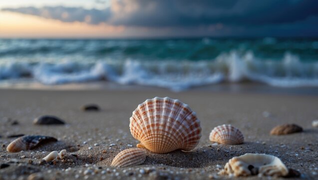 Miniature seashell on the beach with overcast clouds above the sea