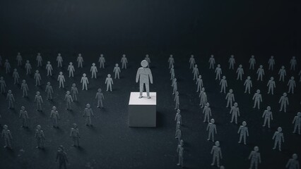 Concept of social exclusion featuring numerous small paper figures surrounding a unique one on a pedestal against a dark backdrop, front perspective