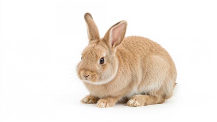Obraz premium Tiny light brown bunny photographed in a studio setting against a white backdrop.