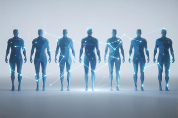 Abstract futuristic human silhouettes with glowing nodes and connections, blue polygonal figures in gradient light, technology and innovation concept, modern digital art style.