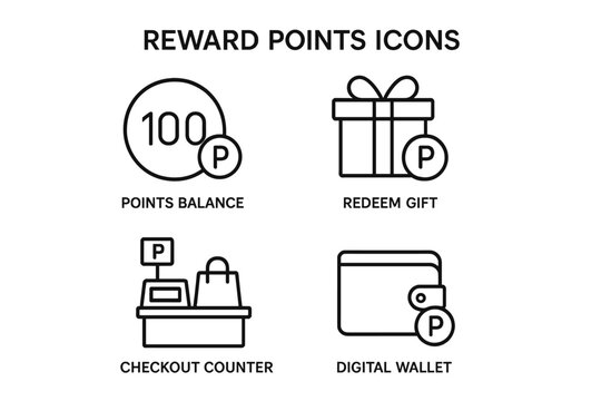 Reward points line icon set. Customer loyalty program outline vector symbols. Points balance, redeem gift, checkout counter, digital wallet. Bonus marketing illustration.