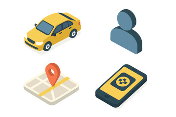 Isometric icon set for ride-hailing service and online taxi booking. Vector concept of mobile app, car sharing, city navigation, and passenger transportation.